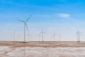 El mayor parque eólico de agua dulce del mundo consta de 89 aerogeneradores estratégicamente dispuestos en el lago IJssel, Países Bajos.